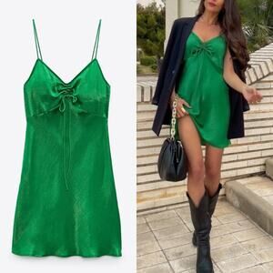 Zara Satin Effect Mini Green Dress Size XS
